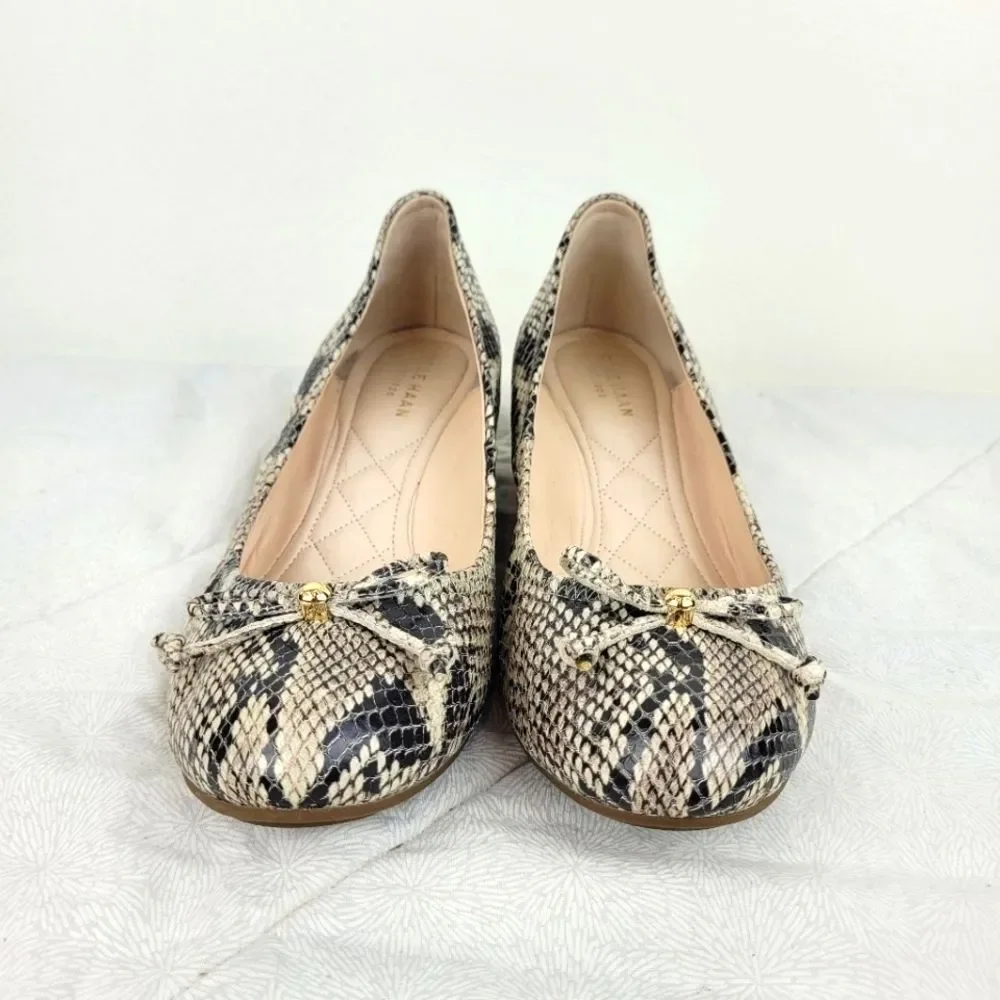 Cole Haan tan black snakeskin leather ballet wedge flats bow gold accent lady 7